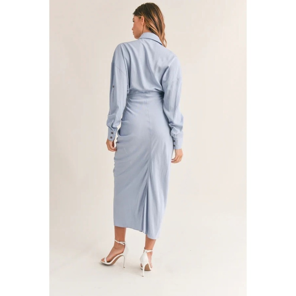 MABLE Sz M Blue/Multi Striped Midi Shirt Dress Front Tie Long Sleeve Coastal - Picture 5 of 15